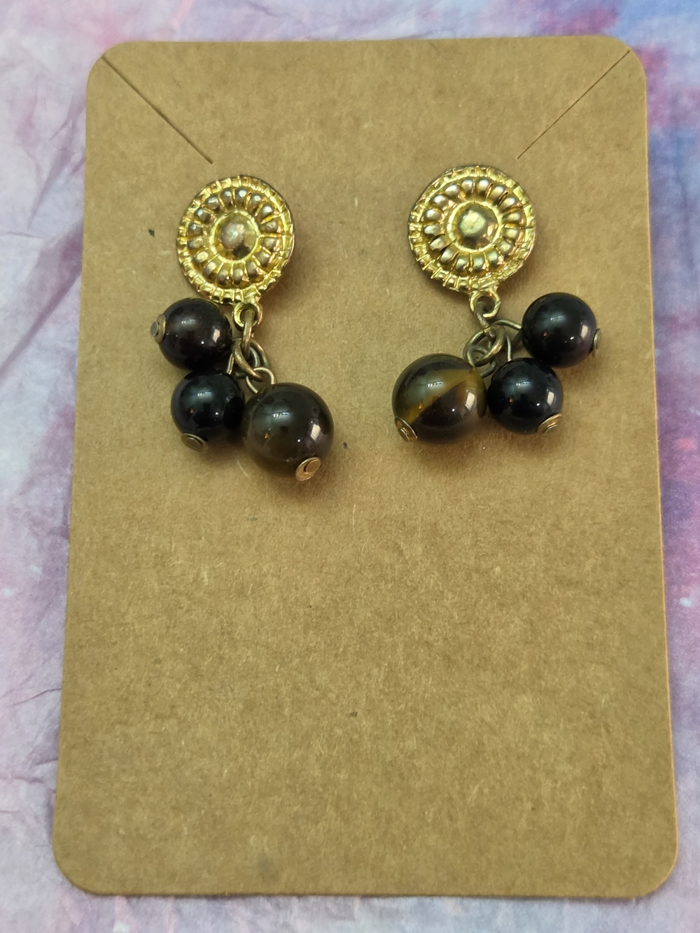 Gold Tone Drop Earrings with Brown and Black Beads